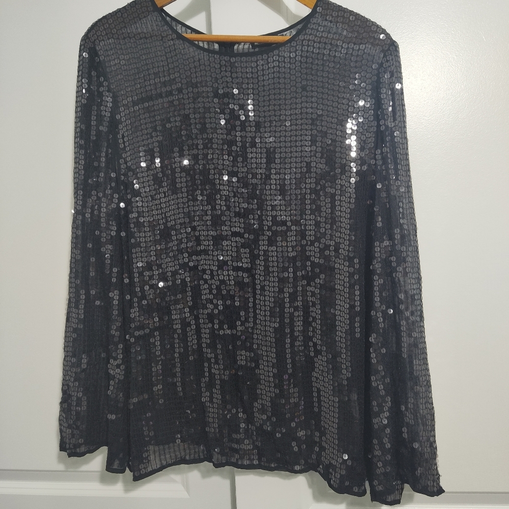 DKNY Sheer‎ Sequin Cap Sleeve Drapes Top L Black